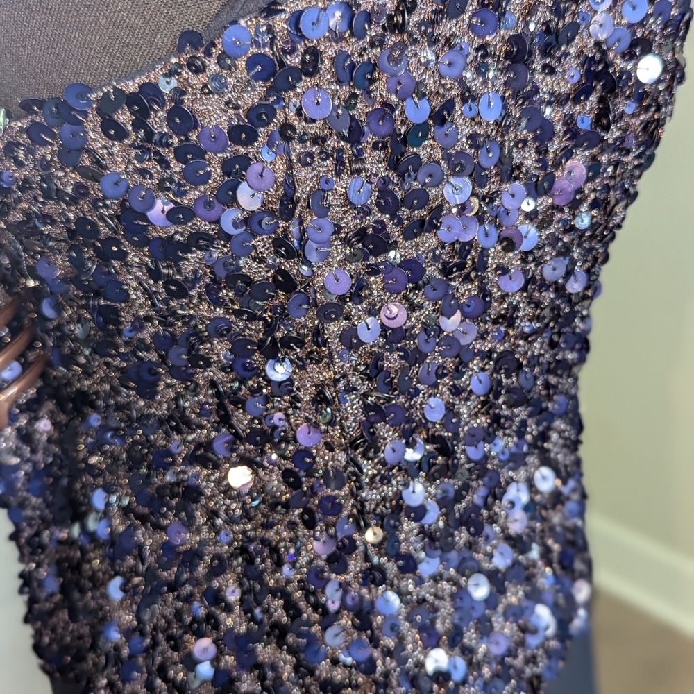 Badgley Mischka Navy Blue Strapless Sequins Ruffle Long Gown Dress Size 12 - Picture 8 of 16